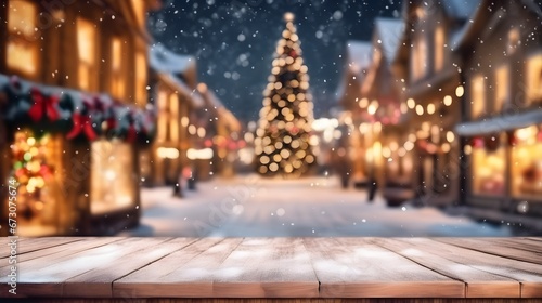 empty wooden tabletop with blurry Christmas holidays joyful town view and snowfall background