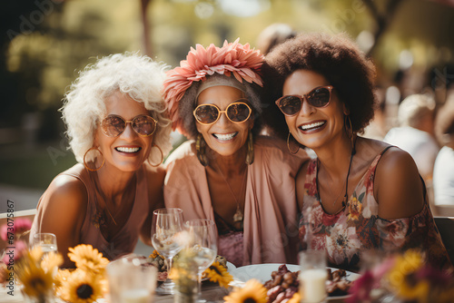 Senior woman shared a laugh with friends at a picnic.