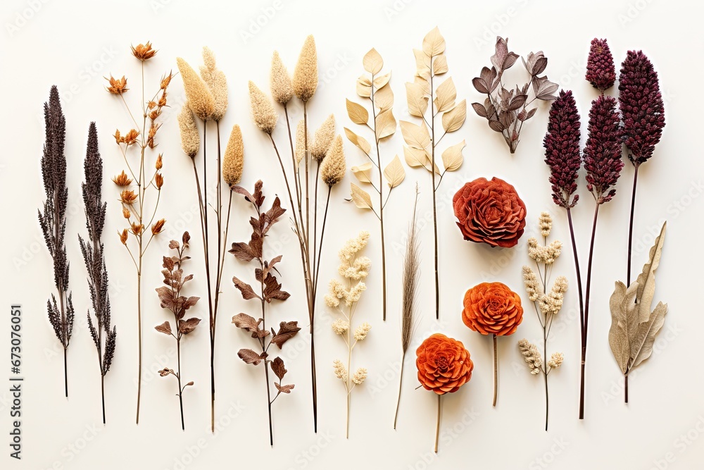 set of different dried flowers on a plain white background - top view - obrazy, fototapety, plakaty 