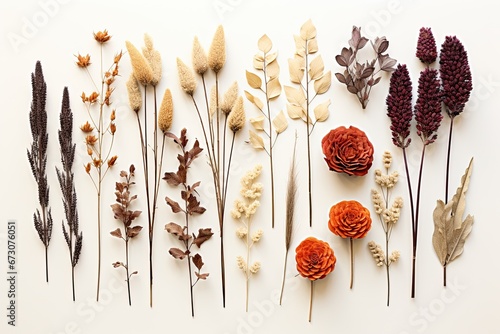 set of different dried flowers on a plain white background - top view photo