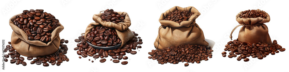 Coffee beans in a sack  Hyperrealistic Highly Detailed Isolated On Transparent Background Png File - obrazy, fototapety, plakaty 
