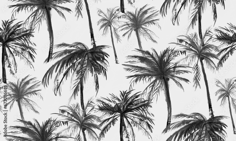 Seamless watercolor pattern with palm trees and leopard