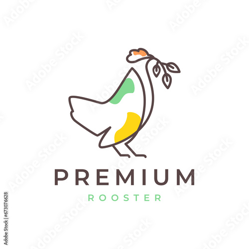 rooster poultry eating leaves food minimalist style abstract colorful line simple logo design vector icon illustration