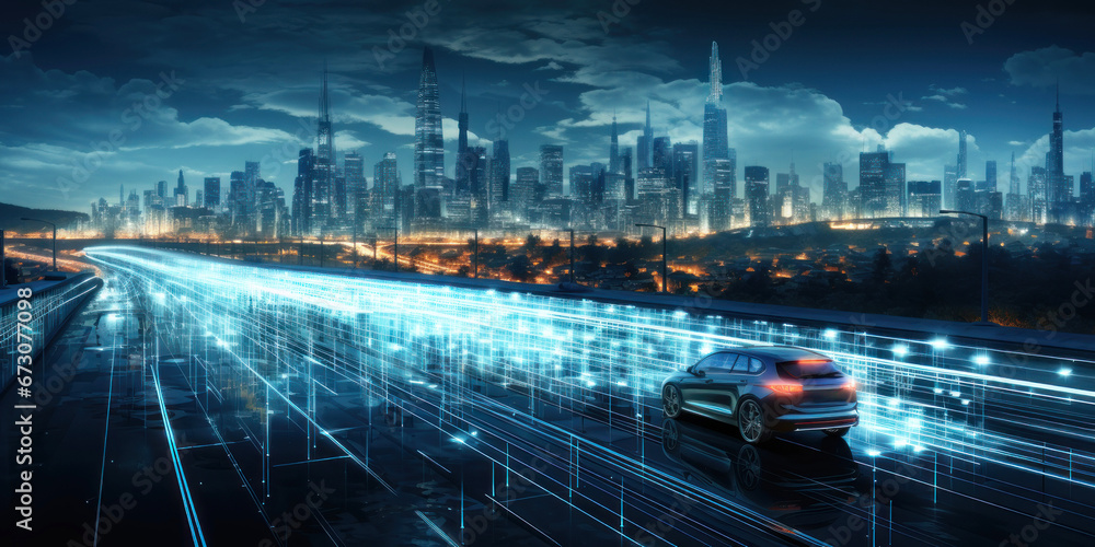 Electric vehicle driving at modern urban city night on highway concept ...