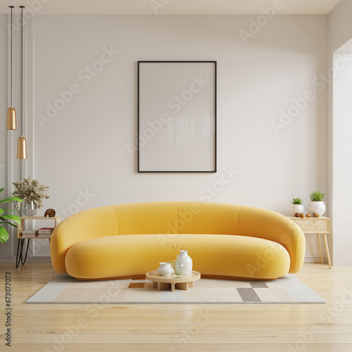 Fototapeta Naklejka Na Ścianę i Meble -  Poster frame mockup in scandinavian style living room interior with yellow on empty white wall