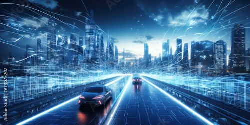 Electric vehicle driving at modern urban city night on highway, skyscrapers in background, automated self-driving in futuristic, future car software technology, autonomous sensor software.