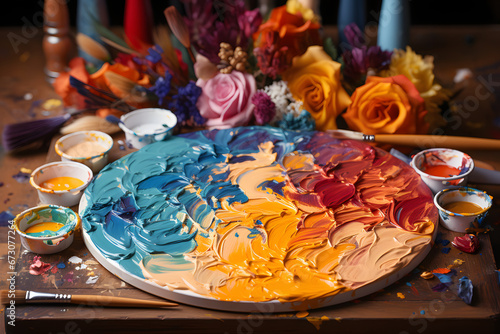 Palette with various paint colors and brushes.
