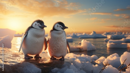 Two penguins standing on a snowy rock, under a colorful sunset.