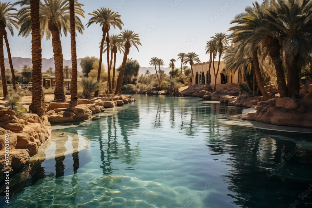 peaceful photo of an oasis in the Egyptian desert, framed by palm trees and crystal-clear waters.