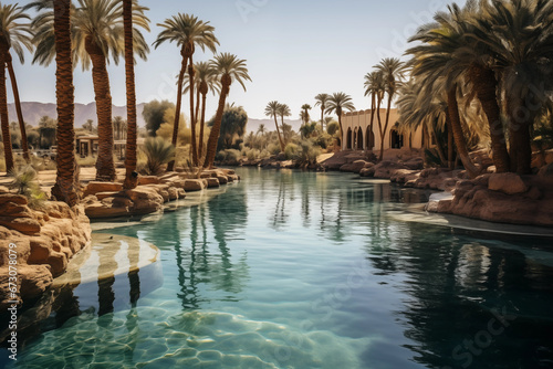 peaceful photo of an oasis in the Egyptian desert, framed by palm trees and crystal-clear waters.