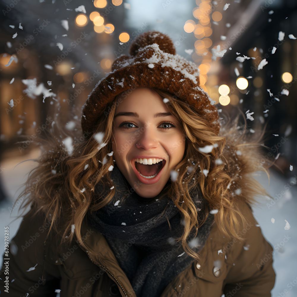 Happy expressive woman in winter outdoors, portrait of beautiful smiling girl in snowy weather Happy expressive woman in winter outdoors, portrait of beautiful smiling girl in snowy weather
