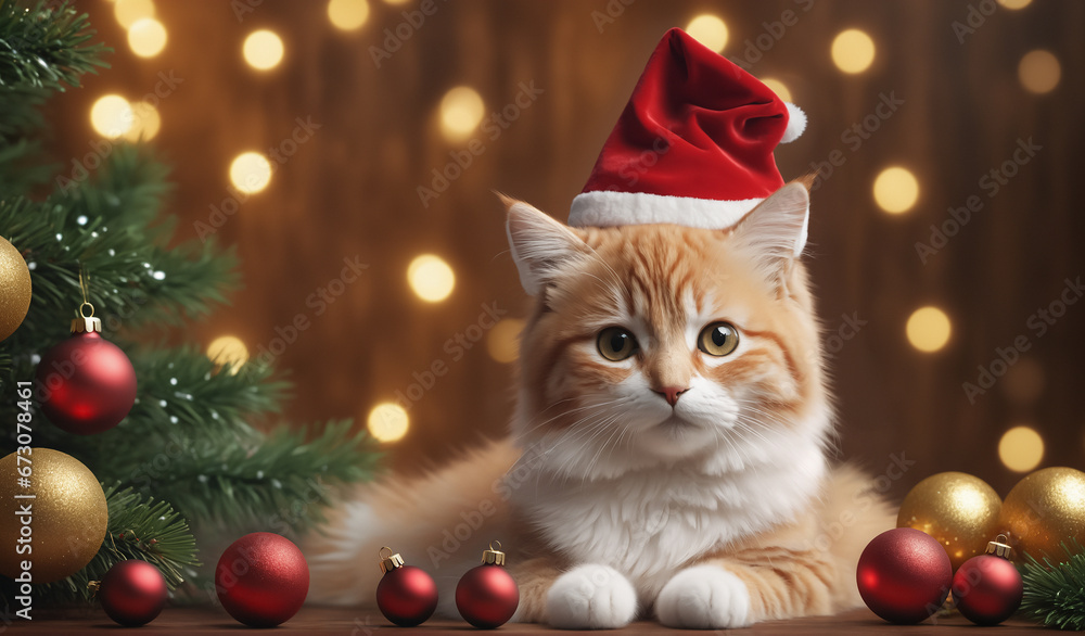 cat with christmas hat sitting with a christmas tree cat with christmas hat sitting with a christmas tree