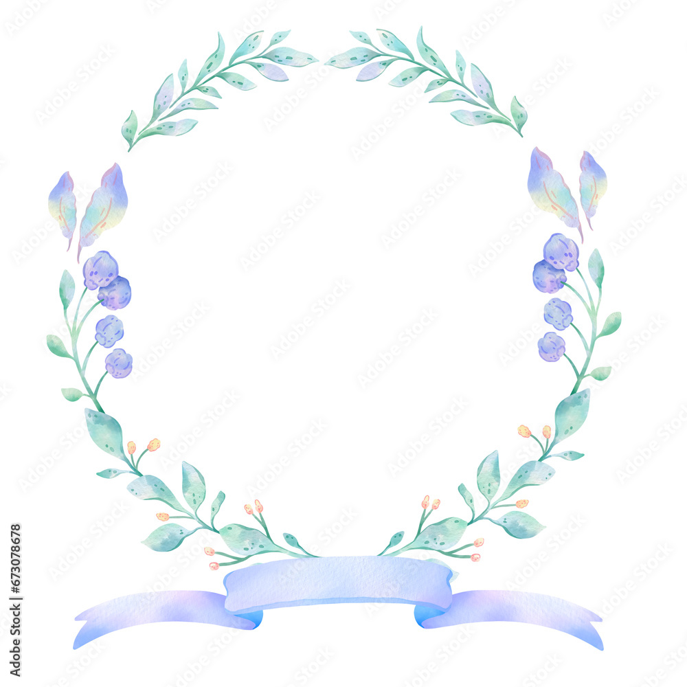 Obraz premium Purple wreath of flowers. Watercolor flower frame suitable for wedding invitation, decoration, card, stationery 