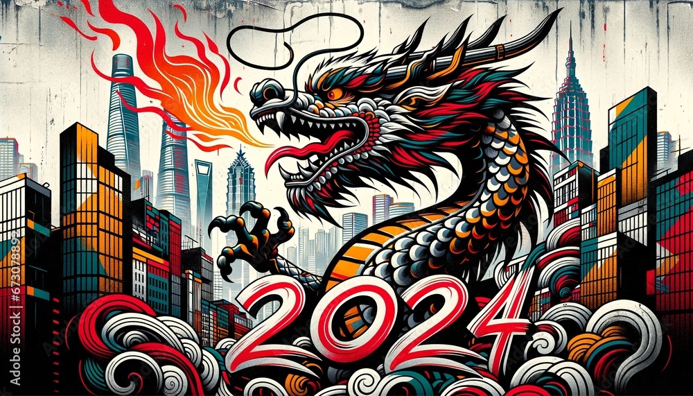 A fierce Chinese dragon coils dynamically around the year A fierce Chinese dragon coils dynamically around the year