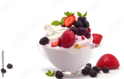 Milk mixed yogurt splash with blackberry, strawberries and dry fruits with sweets isolated on white background, 3d rendering 