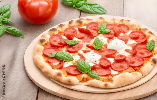 Pizza: made of flour, water, brewer’s yeast, and salt, tomato sauce, mozzarella, and basil on the wooden table, bokeh background