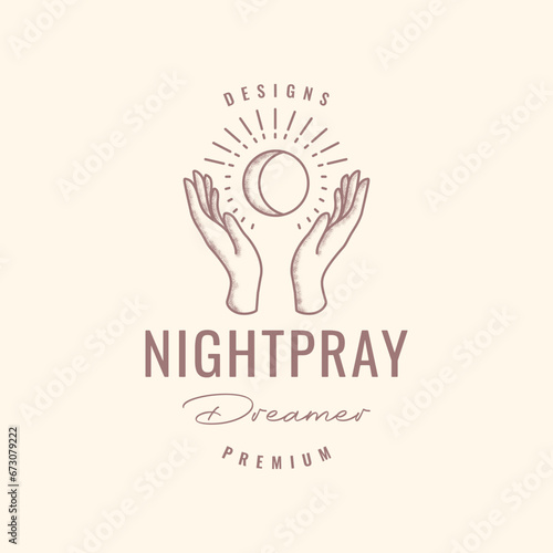 hand hope crescent sunburst engrave style line simple vintage hipster logo design vector icon illustration