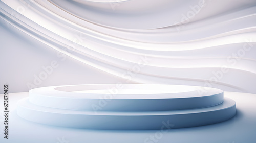 Abstract blue cylindrical podium in white room with wave lines pattern, 3D illustration.