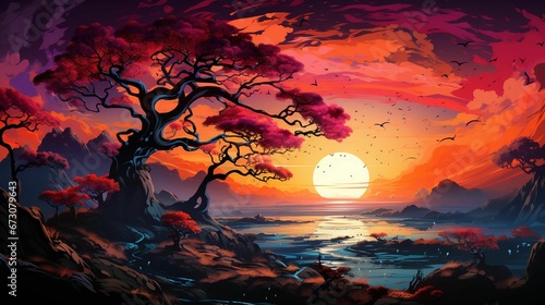 AI generated illustration of a painting of a picturesque sunset over a tranquil ocean