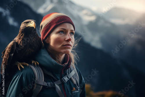 Mountaineer Woman Enjoying Mountain View with Eagle. Generative AI.	