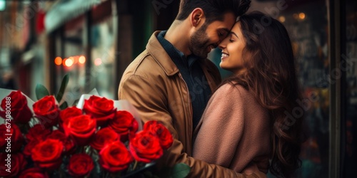Romantic Holiday Couple Holding Bouquets, Embracing and Adoring One Another