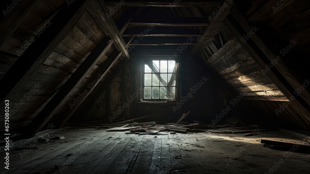 Spooky Abandoned House Interior - Ghostly Windows and Shadows in the Attic, Corridor, or Basement