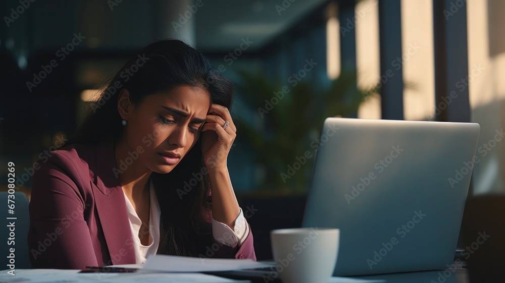 Stressed Business Woman Suffering from Headache While Checking Tax Documents under Deadline Pressure in Office - obrazy, fototapety, plakaty 