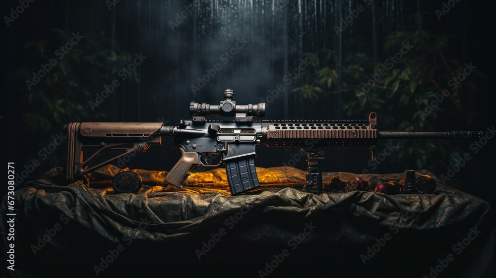 Strategic Rifle Setup: AR-15 Scope and Umbrella on Bed Stock Photo ...