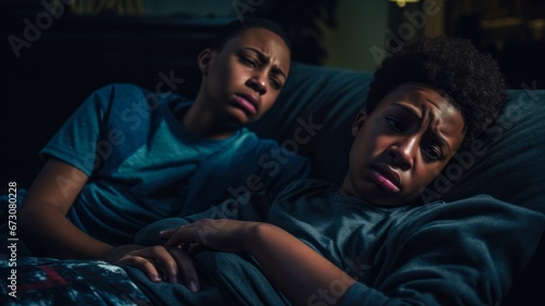 Sleepy Teen Woken Up by Concerned African American Mother on Sofa with Braided Hair