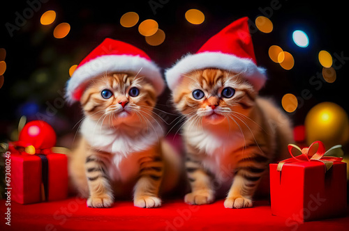 Beautiful cute kittens with Christmas gifts in a festive interior