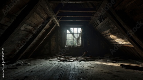Spooky Abandoned House Interior - Ghostly Windows and Shadows in the Attic, Corridor, or Basement