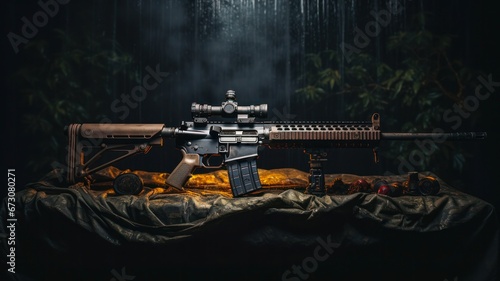 Strategic Rifle Setup: AR-15 Scope and Umbrella on Bed photo