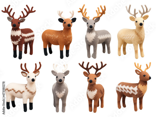 Set collection of diverse knitted deer with antlers. Isolated on a transparent background.