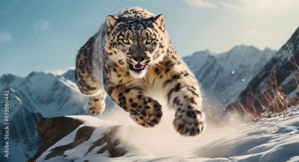 Fototapeta premium The Behavior of a Snow Leopard as It Jumps in the Air