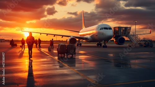 Sunset Airport with Airplanes, Operators, and Passengers Boarding for Flight.