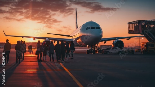 Sunset Scene at Airport Runway with Airplanes, Operators, and Passengers Loading and Unloading photo