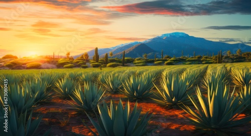 Tequila plantation sunset scenery featuring Agave tequilana.