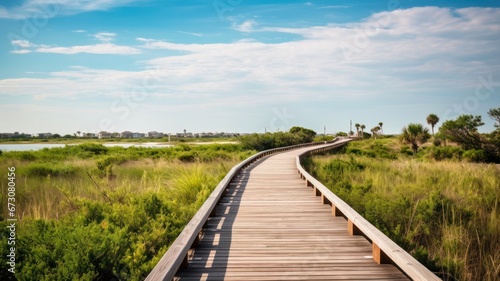 The Aransas National Wildlife Refuge boasts an extensive wooden walkway enveloped by bushes in Texas.