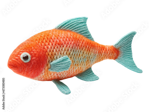 Knitted toy orange fish with turquoise fins. Isolated on a transparent background.
