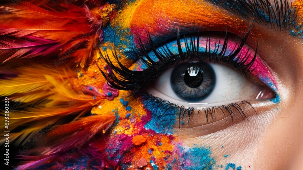 Vibrant Close-Up of Model's Eye with Colorful Art Make-Up: A Fashionable and Bright Portrait for Women and Girls