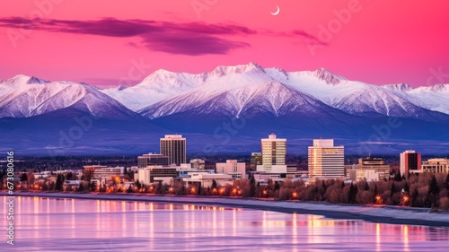 Vibrant Anchorage Alaska Skyline in Red, Featuring Cityscape with Colorful Buildings and Glowing Lights at Night photo