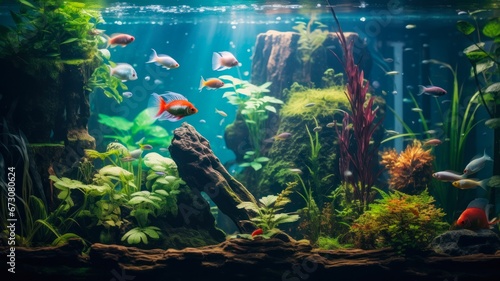 Vibrant Aquascape of Freshwater Fish and Lush Plants Powered by Aquarium Pump © Sandris_ua