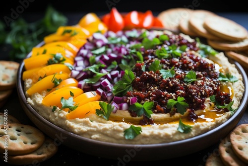 Plate of freshly prepared hummus and red pepper dip, AI-generated. photo