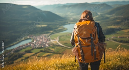 Yellow Adventure Backpack and Europe Map for Hipster Hiker Tourist on Nature Trail