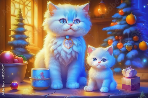 Beautiful cute kittens with Christmas gifts in a festive interior