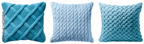 Set of knitted blue square pillows. A collection of large knitted pillows for sofa and bed decor. Isolated on a transparent background.