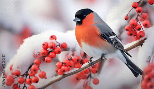 Fotografia bullfinch bird sits on a bunch of red rowan berries