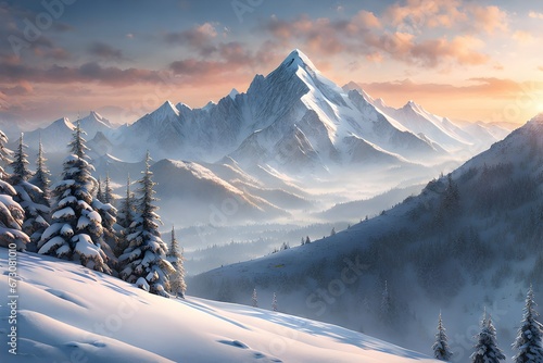 sunrise winter mountain.Generative AI
 photo