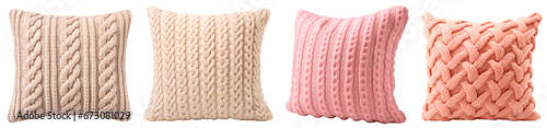 Set of knitted light pillows. Pink and beige chunky knit pillows. Modern cozy decorative pillows for the living room. Isolated on a transparent background. photo