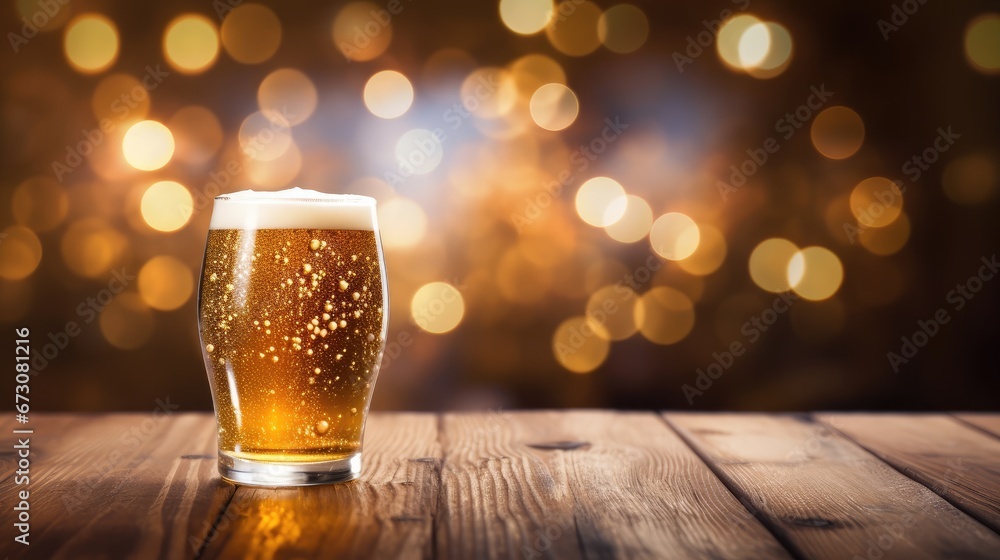 Beer glasses on wooden table, blurred lights, Generative Ai Beer glasses on wooden table, blurred lights, Generative Ai